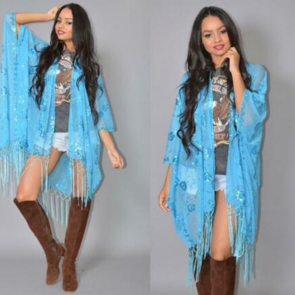 Saldana Tops - Sheer Turquoise Kimono Sequins Cocktail Party